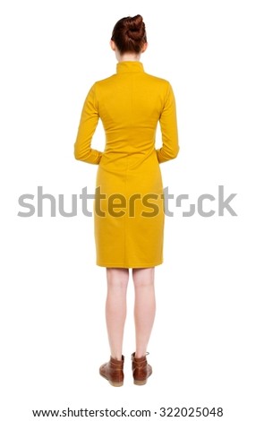 back view of standing young beautiful  woman.  girl  watching. Rear view people collection.  backside view of person.  Isolated over white background. 
