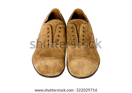 isolated man`s brown leather suede shoes on the white background