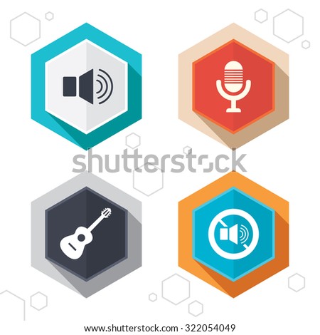 Hexagon buttons. Musical elements icons. Microphone and Sound speaker symbols. No Sound and acoustic guitar signs. Labels with shadow. Vector