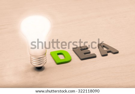 The concept of idea. Lamp and word idea on a wooden background