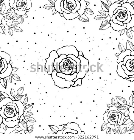 Roses seamless pattern. Bridal floral wallpaper. Vector line sketch. Hand drawn artwork Love bohemia concept for wedding invitations, cards, tickets, branding, boutique logo label. Black and white