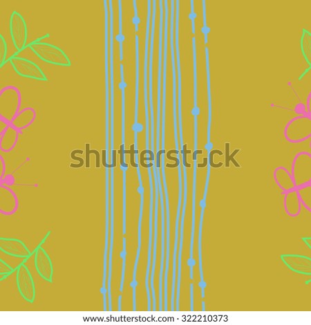 Seamless   pattern of stripes, leaves, branches, butterflies. Hand drawn.