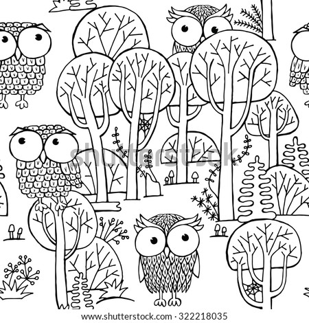 Decorative Seamless pattern with image of a cartoon owls in the forest. Vector black and white illustration.