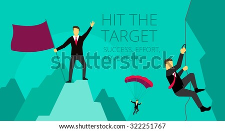 Businessman adventure activities overcoming difficulties. Symbolic image of work journey. mountaineer climber climbs the mountain