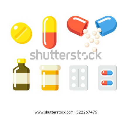Drugs icons: pills, capsules ans prescription bottles. Medicine vector illustration in modern flat cartoon style. Royalty-Free Stock Photo #322267475