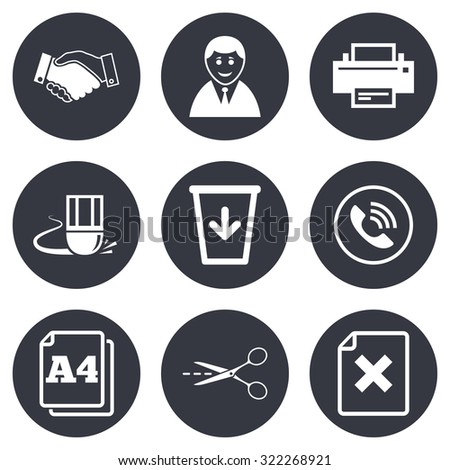 Office, documents and business icons. Printer, handshake and phone signs. Boss, recycle bin and eraser symbols. Gray flat circle buttons. Vector