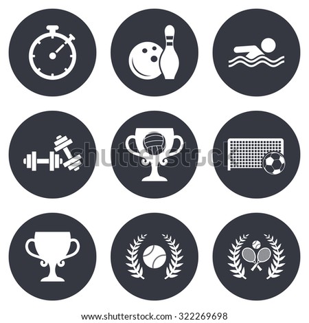 Sport games, fitness icons. Football, tennis and volleyball signs. Swimming, timer and bowling symbols. Gray flat circle buttons. Vector