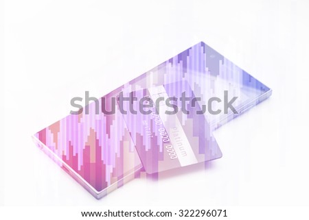 Double exposure: credit card on smartphone and market graph and bar chart price display. Abstract financial background trade colorful pink abstract. Business concept. Vintage style filtered picture