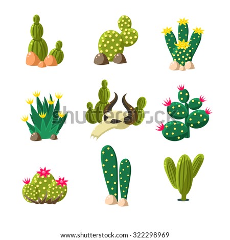 Icons of cactuses in the rocks with a skull, set of vector illustrations for desert landscape