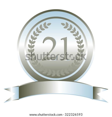 Vector illustration of Vector illustration of 21 th anniversary. Silver award. Silver ribbon and laurel wreath on a white background.