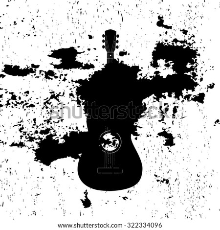 Advertising card with guitar silhouette, grunge style, vector illustration