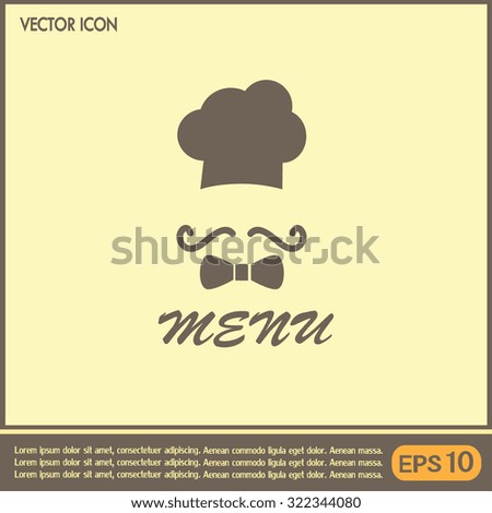 Chef hat and big mustache. Menu card. Vector illustration. 