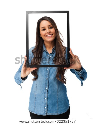 happy young woman with black frame