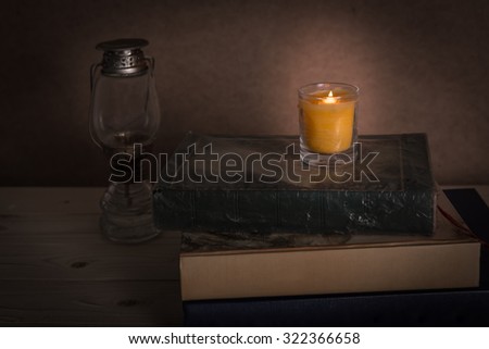 Set with ancient books with candle lights and lantern, Set with ancient books with candle lights and lantern