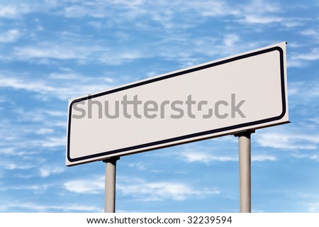 White Empty Road Name Sign, Bright Cloudscape, Large Detailed Roadside Signage, Blank Copy Space Background