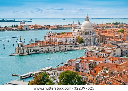 Panoramic aerial cityscape of Venice with Santa Maria della Salute church, Veneto, Italy Royalty-Free Stock Photo #322397525