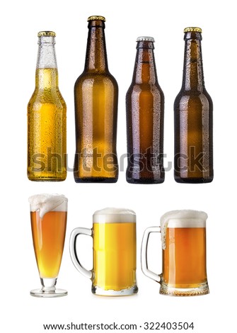set of Beer bottles with water drops anbd beer glasses on white background.Five separate photos merged together.