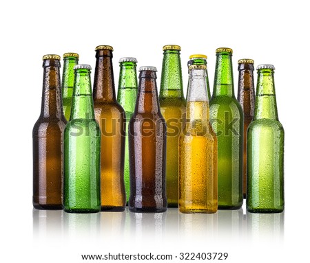set of Beer bottles with water drops anbd beer glasses on white background.Five separate photos merged together.