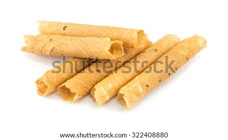 Tong Muan (a type of rolled wafer, a traditional dessert in Thailand) isolated on white background Royalty-Free Stock Photo #322408880