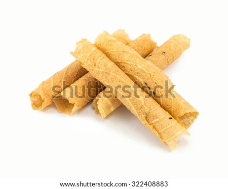 Tong Muan (a type of rolled wafer, a traditional dessert in Thailand) isolated on white background Royalty-Free Stock Photo #322408883