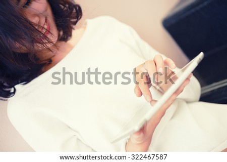 smile young asian woman use tablet computer, education and technology concept