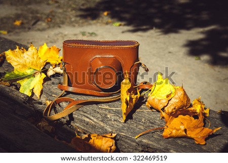 Vintage camera on wooden bench in autumn park. 