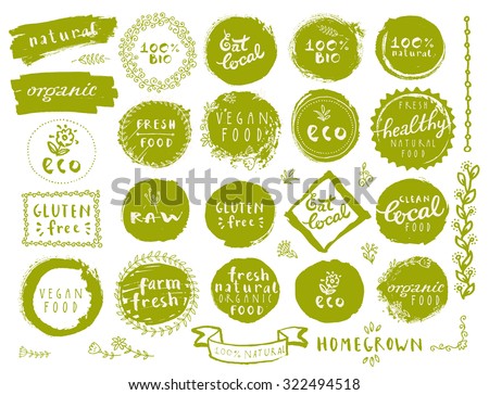 Retro style set of 100% bio, organic, gluten free, eco, healthy food labels. Organic food logo templates, floral and vintage elements in green color for restaurant menu or food package. Vector badges Royalty-Free Stock Photo #322494518
