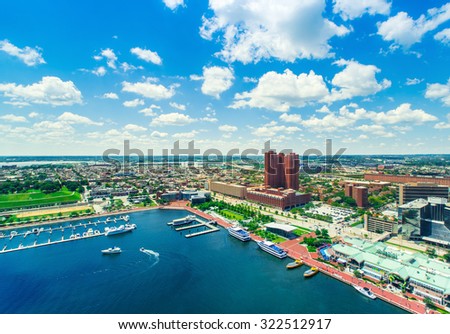 Aerial view of the Inner Harbor of Baltimore, Maryland 