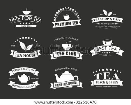 Design tea logos (emblems) in the old style with ribbons. Vector illustration. Set on a black background