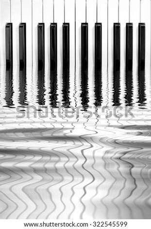vertical photo of beautiful classical piano keys & reflection in the water. concept = music was originated from nature