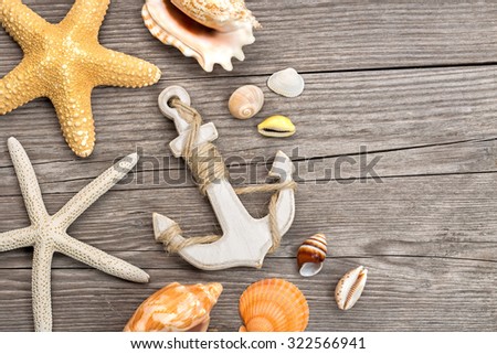 heap of shells with anchor on wooden plank