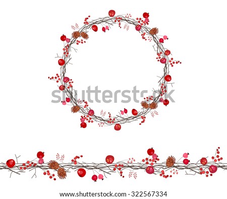 Round season wreath with berries,twigs  and apples isolated on white. Endless horizontal pattern brush. For season design, announcements, postcards, posters.