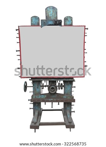 Stylish industrial style advertising panel with rusty gear and bolt and white blank space, isolated