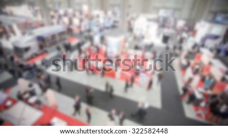 Trade show, panoramic view, generic background. Intentionally blurred post production.