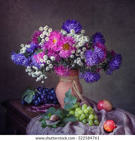 Still life with asters and snails