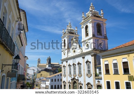 Pelourinho Salvador da Bahia Brazil historic colonial church architecture of the Church of Our Lady of the Rosary of the Blacks under bright blue skies