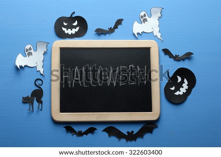 Halloween, Board for writing, ghosts, pumpkin, cat, bat, blue background
