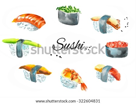 Watercolor sushi set. Hand drawn. Illustration for cooking site, menus, books. On  white background.