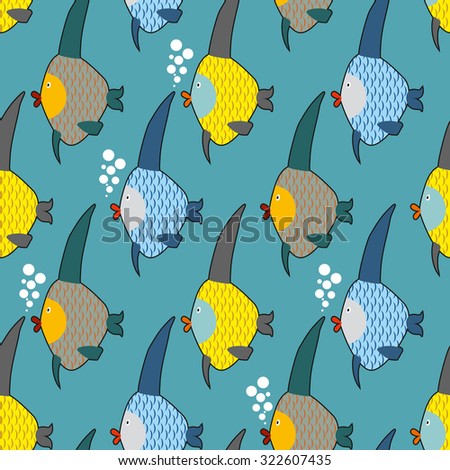 Marine fish color seamless pattern. Repeating ocean life. Cute funny piscine texture for childrens fabrics