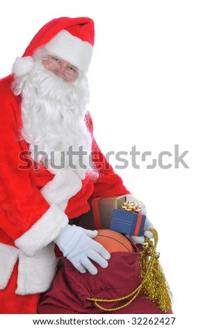 Santa Claus with a Bag of Presents and Toys isolated on white with copyspace