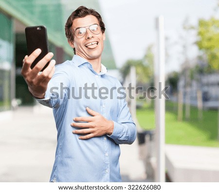 happy young man selfie sign
