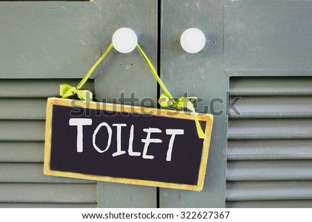 The close up of toilet sign hanging on the door in retro color, Selective focus on the word toilet