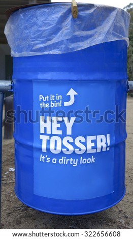"Hey Tosser" garbage bin at a roadside stop, Australia