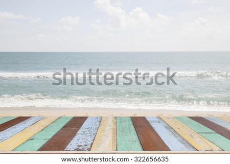 wooden floor with beautiful blue sky scenery for background