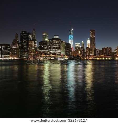 New York City, United States - Manhattan skyline from Brooklyn. Night view.