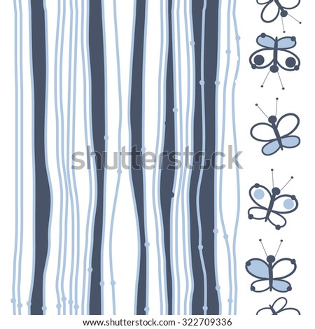 Seamless pattern of striped motif, stripes, spots, butterflies, ellipses. Hand drawn.