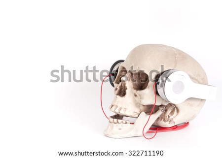 Human Skull listen to music by headset/headphone