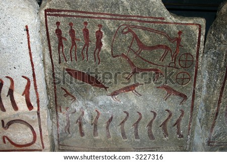 Bronze age drawings on slabs in the Kivik grave, Scania, Sweden