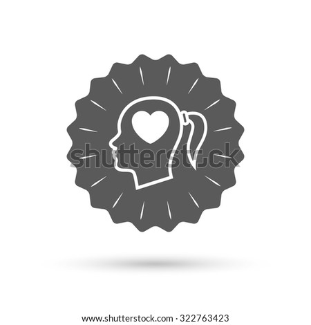 Vintage emblem medal. Head with heart sign icon. Female woman human head in love with pigtail symbol. Classic flat icon. Vector