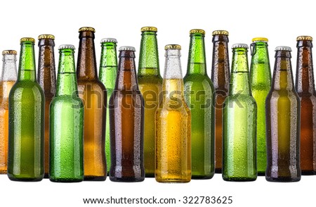 set of Beer bottles with water drops anb beer glasses on white background.Five separate photos merged together.